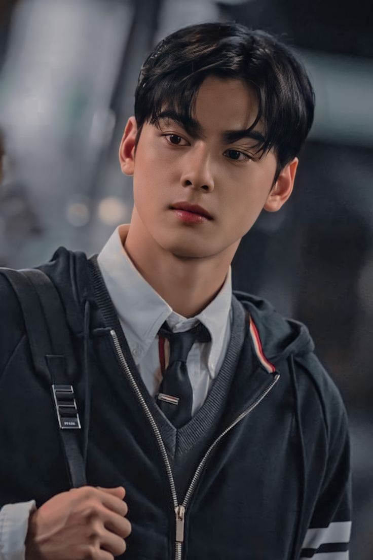 a young man with black hair wearing a jacket and tie, looking at the camera