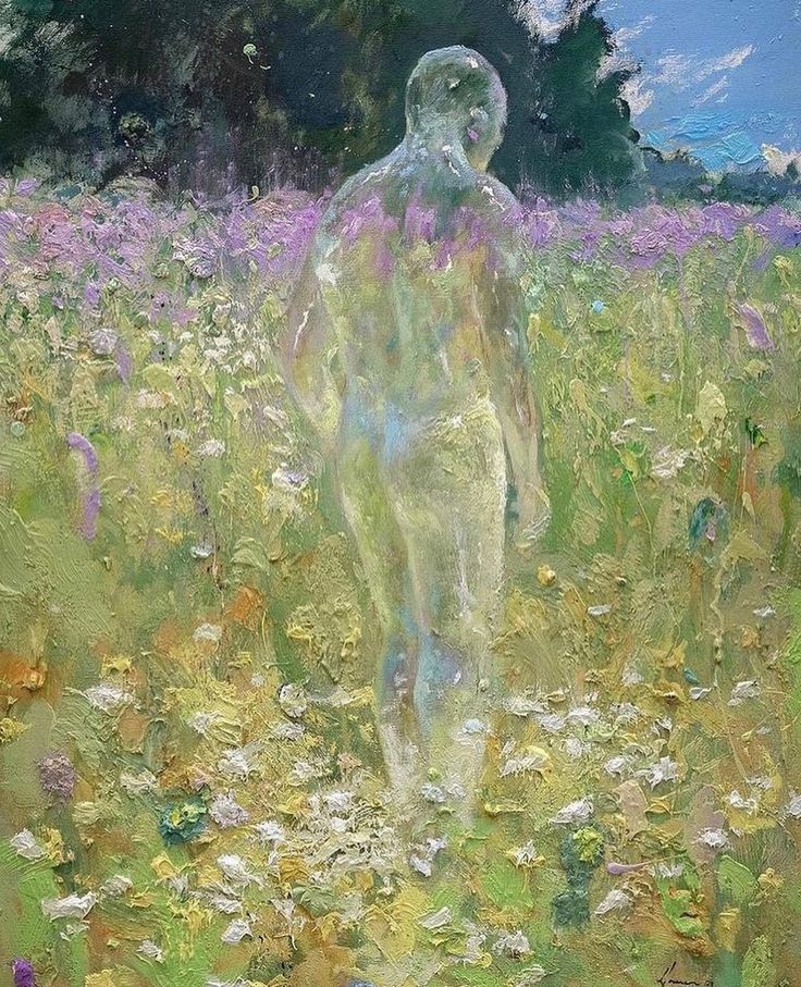 a painting of a man walking through a field with flowers in the foreground and trees in the background