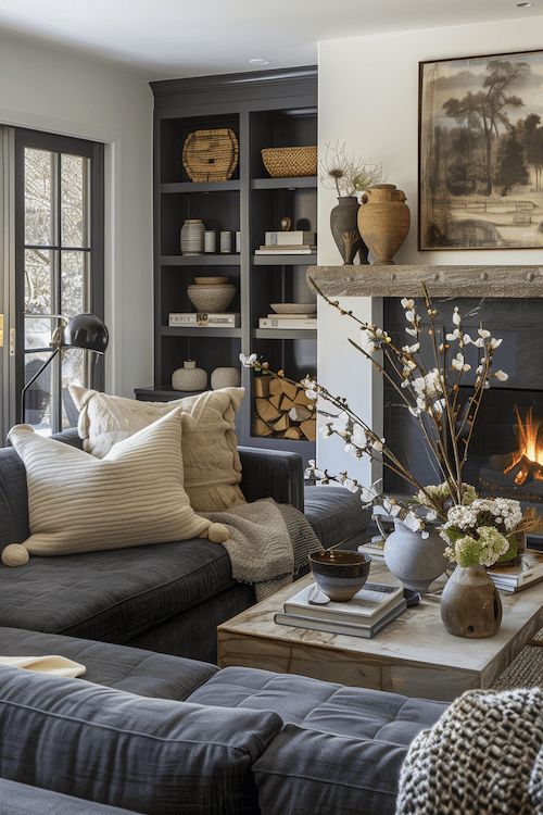 a living room filled with furniture and a fire place