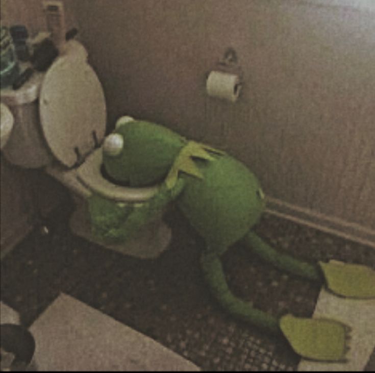 a green frog sitting on top of a toilet in a bathroom