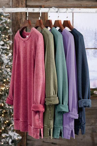 The soft-washed color you love, in an updated longer-length style that pairs beautifully with leggings or slim jeans. | Women's Colorwash Tunic Sweatshirt - Mineral Blue - PXL - Petite Size Tunic Tops Outfit, Classic Fashion Looks, Ladies Long Top, Women Fall Tops, Size 16 Women, Stylish Fall Outfits, Long Tunic Tops, Mama Style, Tunic Sweatshirt