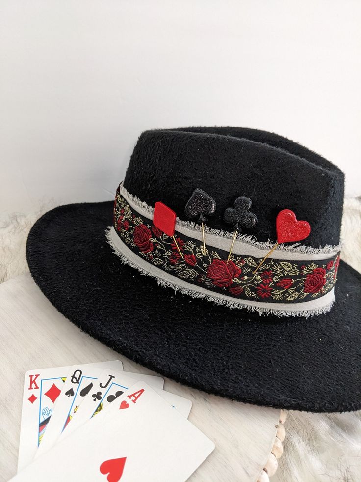 Vegas Themed Hat Pins! Choose your favorite playing card suite. Heart, Spade, Club or Diamond!   Update your favorite hat.  Pin to shirt, jacket, purse, scarf or Bandana!  Stick on your boots!  Add a little pin almost anywhere!  Pins are made from polymer clay and are super light weight! Can be stuck anywhere. The possibilities are endless!  Stick Pins:  All stick pins come with a safety stopper on the end to cover the sharp tip, hold in place and keep from sliding out of place. The hat band pic Western Hat, Purse Scarf, Stuck On You, Band Pictures, Western Hats, Hat Pin, Stick Pins, Hat Band, Hat Pins