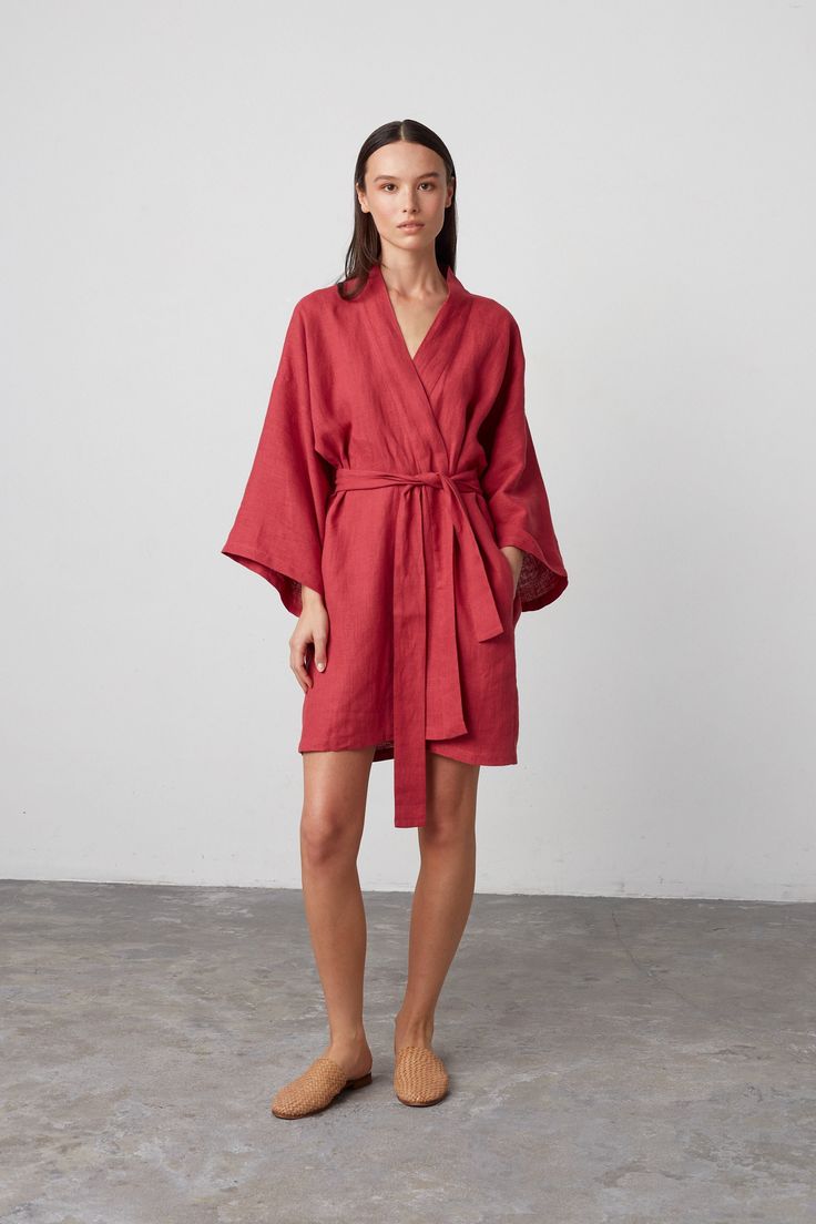 "ATHENA is a robe style linen wrap dress. DETAILS - Self tie belt with no closure or belt loops - Above the the knee length - Robe style - Dropped shoulders - Long sleeves - Side seam pockets - 100% midweight European linen fabric - Cut and sewn to order just for you in our studio COLOR - Raspberry, you can also choose other colors above - Fabric samples are available here https://www.etsy.com/listing/586569696/linen-fabric-samples SIZING & FIT - Very oversized fit - Model is 5'9.5\" / 177cm and wearing a size XS CARE FOR LINEN - Machine wash up to 30ºC/86ºF gentle cycle - Lay flat to dry or tumble dry low - Warm iron if needed - Do not bleach SIZE GUIDE Body measurements guide in inches Size XS to fit bust 30-32\", waist 24-26\" and hips 31-33\" Size S to fit bust 34-36\", waist 28-30\" a Linen Summer Dress, Wrap Dress Midi, Linen Wrap Dress, Linen Kimono, Linen Coat, Studio Color, Linen Summer, Summer Linen Dresses, Dress Linen