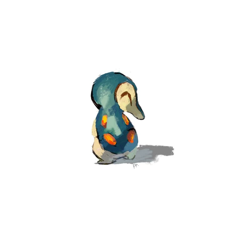 a painting of a duck sitting on the ground with its head turned to the side