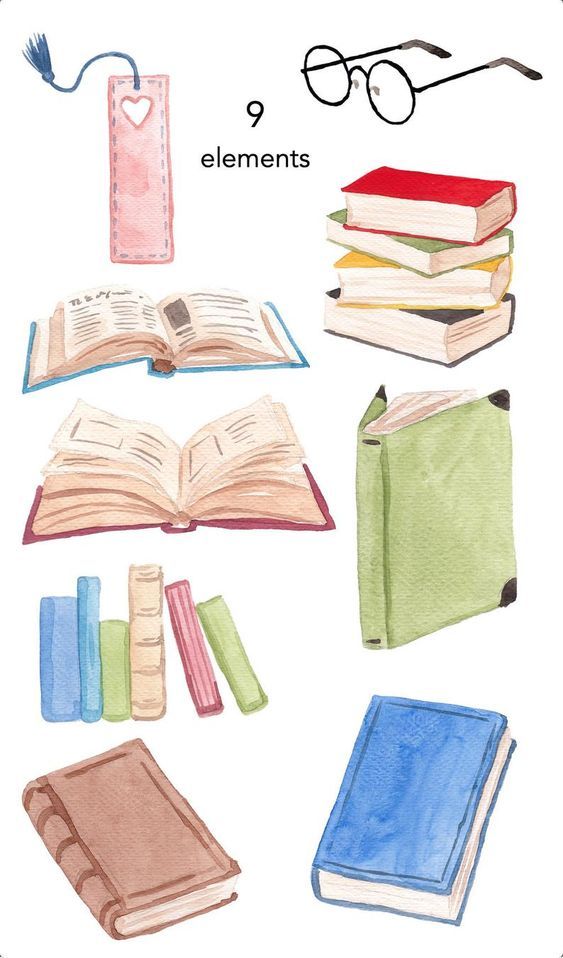 watercolor illustration of books and glasses with the text, 9 elements written below it