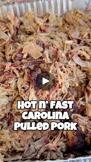 pulled pork in a foil pan with the words hot'n fast carolina pulled pork