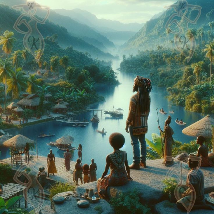 an artist's rendering of a man standing in front of a river with people on it