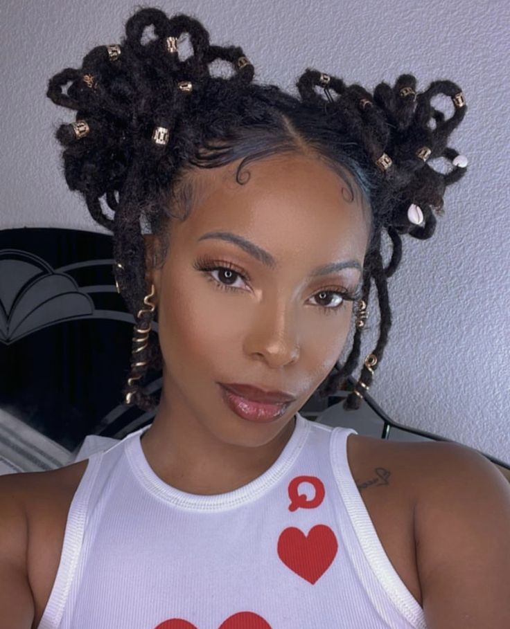 Loc Styles With Jewelry, Loc Ponytail With Bangs, Flowers In Locs, Locs With Hair Jewelry, Updos For Locs, Loc Jewelry Hairstyles, Locs Updo Styles, Styles For Long Locs, Loc Pigtails