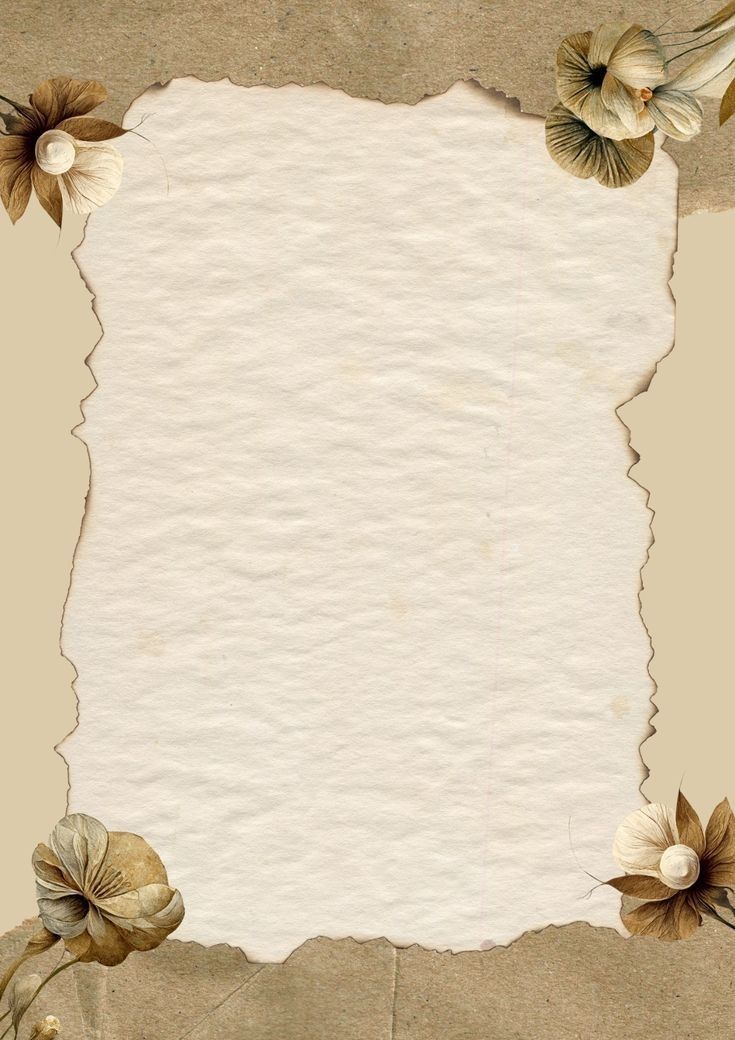 an old torn piece of paper with flowers and leaves on the edges is shown in this image