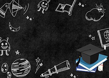 a blackboard with some drawings on it and a graduation cap sitting on top of a pile of books