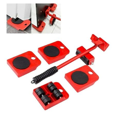 four pieces of red plastic with black wheels and springs on the bottom one is holding a screwdriver