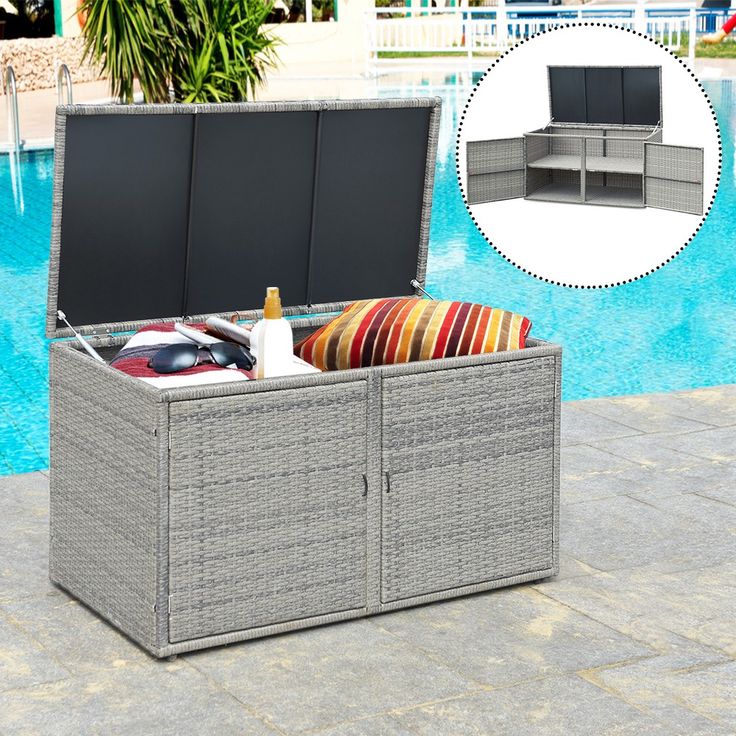 Looking for a storage box for your outdoor space? So never compromise your style when looking for form and function in your outdoor living space. Our garden bench box maximizes storage space and increases patio seating capacity while providing an attractive focal point to your garden or patio. It is made of sturdy steel, PE wicker and weather-proof for durable use. When you lack space for storing your belongings outdoors, the box will work perfectly with large capacity for storing your cushions, Pool Storage Box, Pool Towel Storage, Wicker Storage Boxes, Outdoor Toy Storage, Pool Storage, Deck Storage, Rattan Storage, Patio Storage, Deck Box Storage