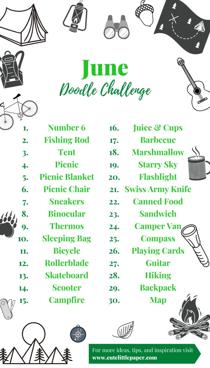 a poster with the words june mood challenge written in green and black on it, surrounded by camping related items