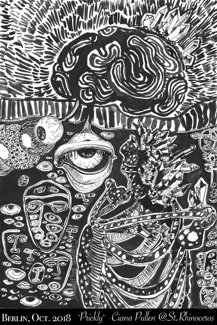 a black and white drawing of a woman's face surrounded by other things in the background