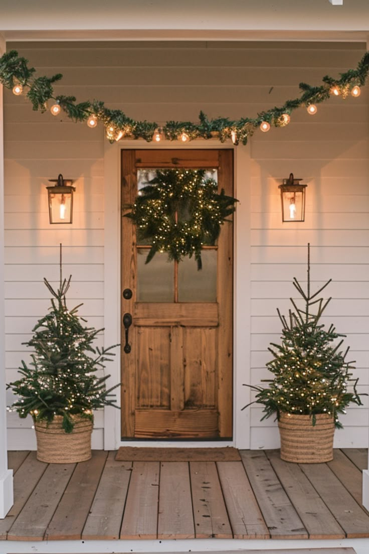 two christmas trees on the front porch with lights