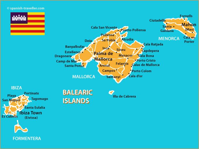 the map of balearic islands in the spanish speaking region of spain, and its major cities