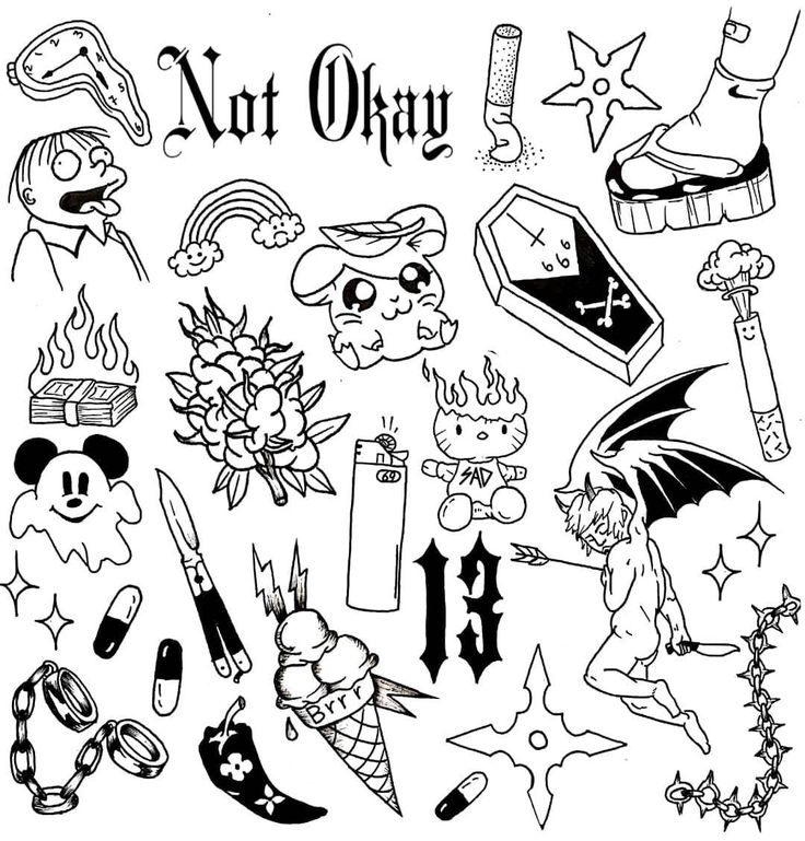 an ink drawing of various tattoos and other things that are not okay to be colored