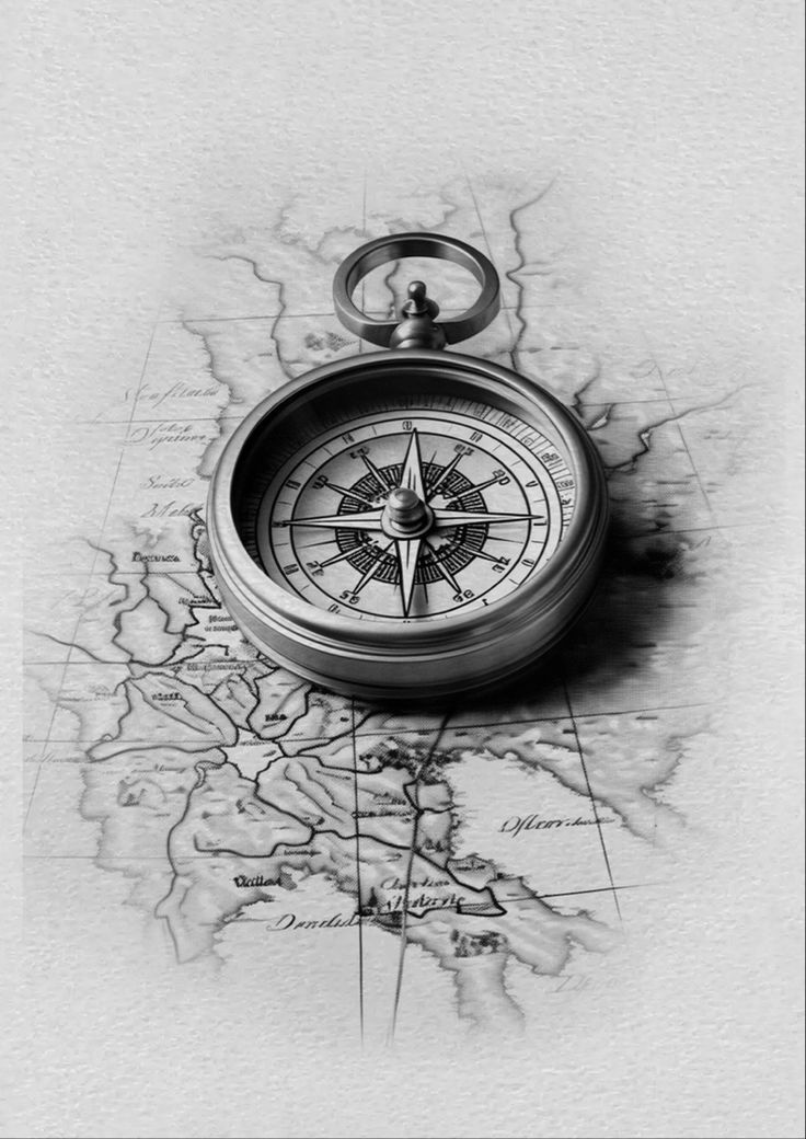 a black and white photo of a compass