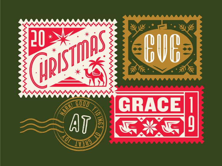 christmas stamps with the words grace written in red, green and gold on them illustration