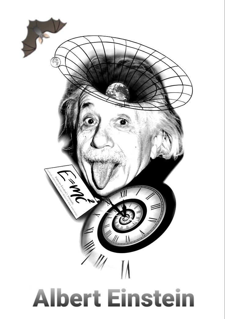 a drawing of an old man sticking out his tongue with a clock in front of him