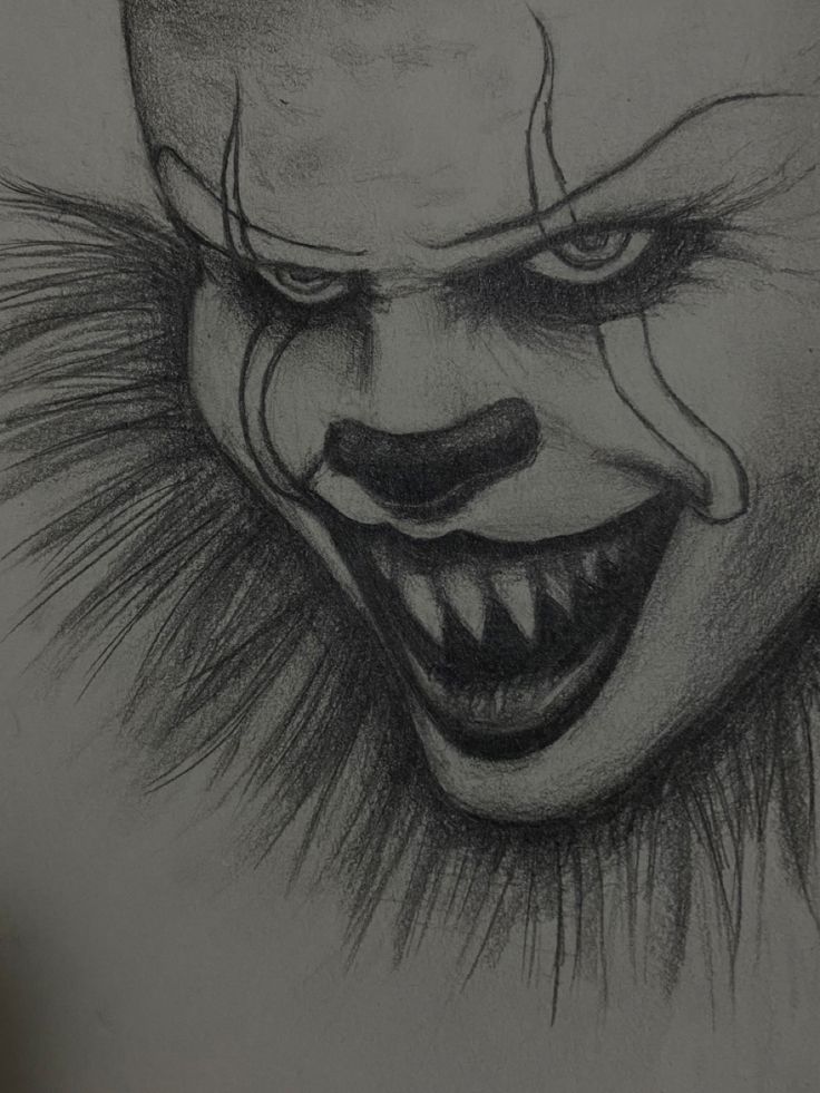 a drawing of a creepy clown with big teeth