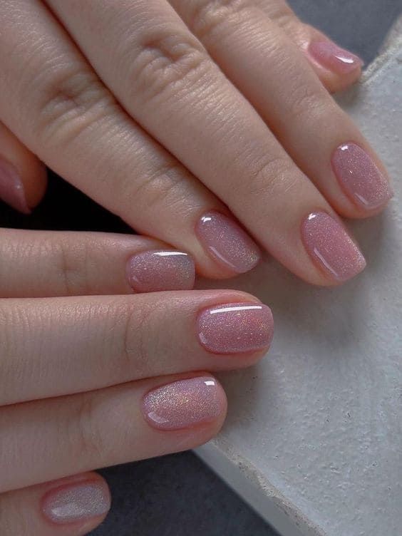 Pink Sparkly Nails, Short Pink Nails, Milky Nails, Pink Glitter Nails, Pink Gel Nails, Glittery Nails, Nail Shimmer, Simple Gel Nails, Cute Gel Nails