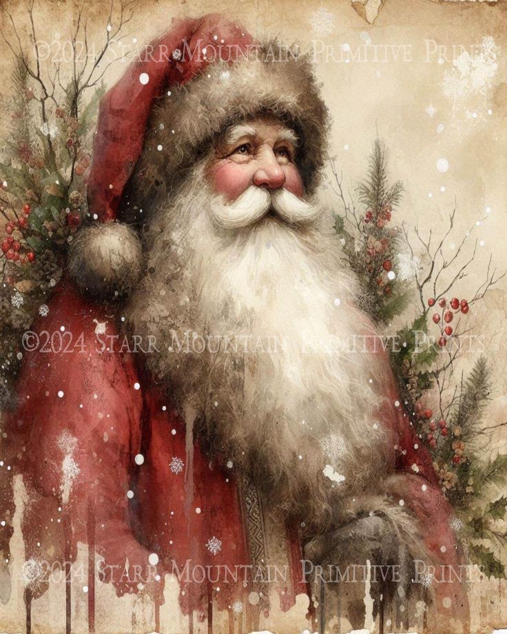 a painting of a santa clause with snow on the ground and trees in the background