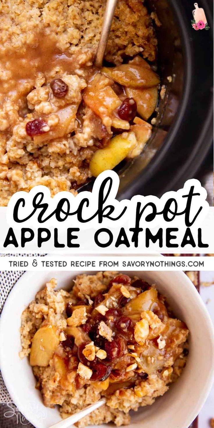 crock pot apple oatmeal with apples in the background and text overlay