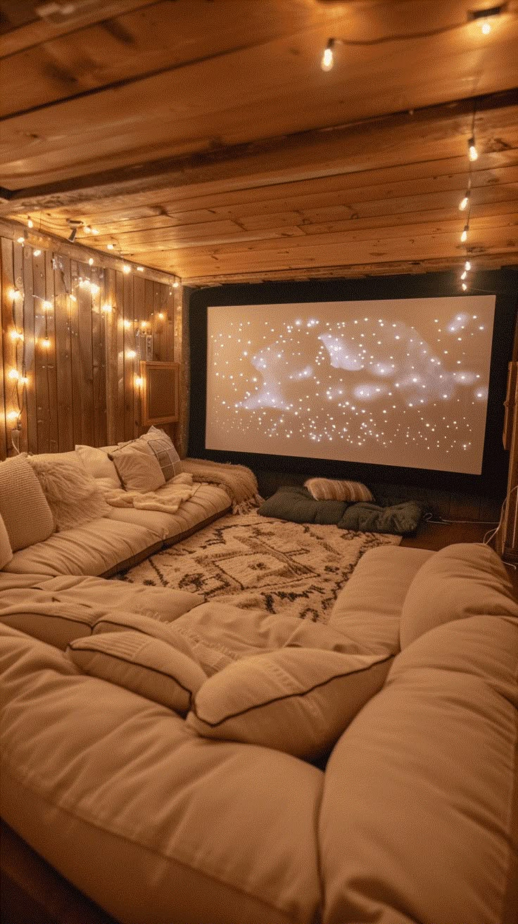 a large bed sitting in the middle of a living room under a projector screen