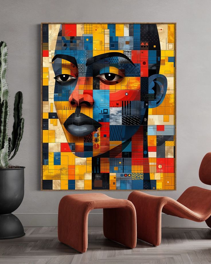 a painting on the wall of a living room with an orange chair and potted cactus