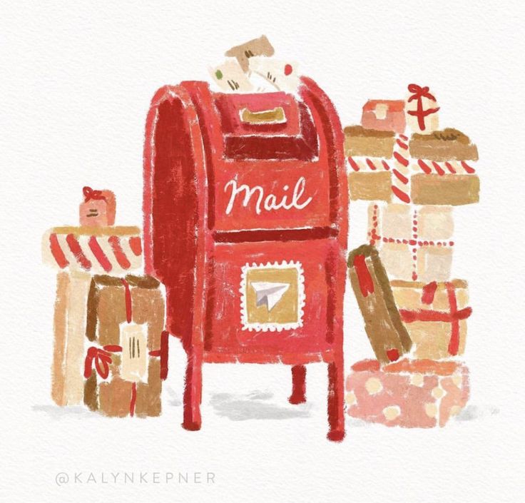 a red mailbox surrounded by boxes and wrapped presents with the word mail written on it