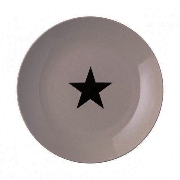 a white plate with a black star on the front and bottom, against a white background