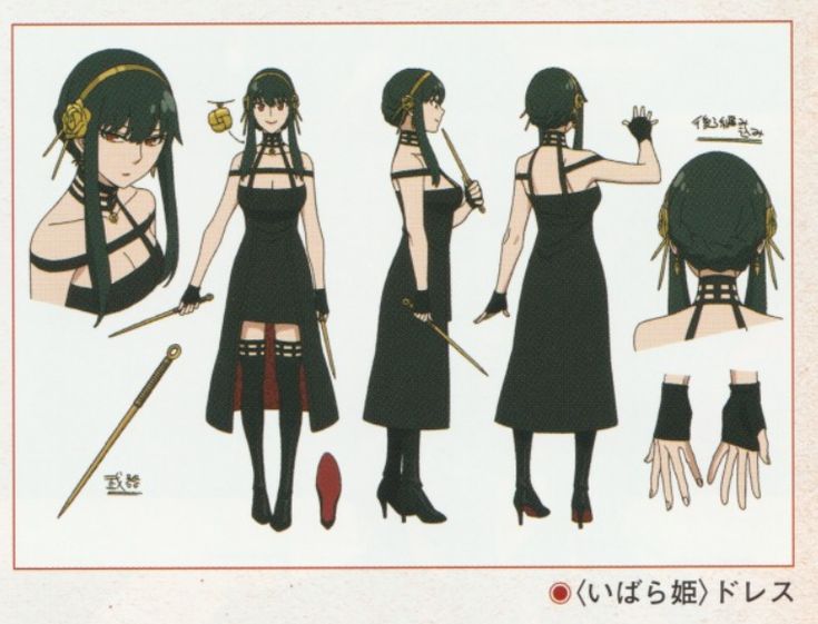 an anime character is wearing black clothing and holding two swords in one hand, with other hands on her hips