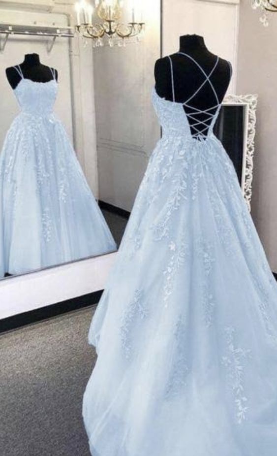 A-Line Light Blue Long Prom Dress Formal Evening Dresses Light Blue A-line Homecoming Dress, Blue A-line Dress For Prom, Blue A-line Maxi Dress With Fitted Bodice, Blue Homecoming Dress With Fitted Bodice, Light Blue V-neck Dress For Banquet, Elegant Light Blue Ball Gown Dress, Light Blue Prom Dress With Fitted Bodice, Light Blue Formal Dress With Sweep Train, Formal Light Blue Dress With Sweep Train