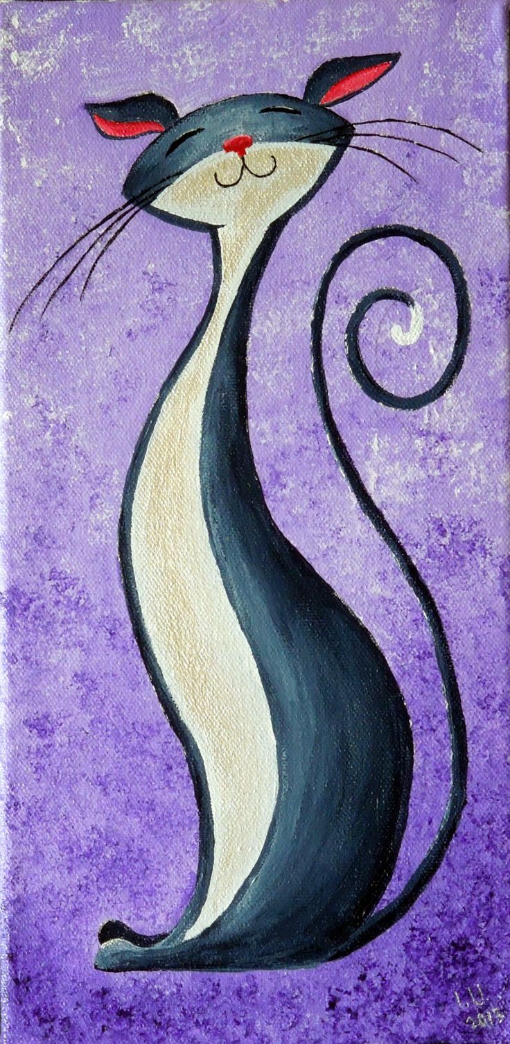 a painting of a black and white cat with red eyes on a purple background that is painted in acrylic