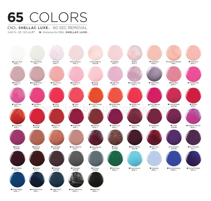 CND Shellac Luxe shade chart; 50 of them match Vinylux hues and 15 are exclusive to this line Cdn Shellac Colors, Cnd Nail Colors, Cnd Shellac Colors Winter, Cnd Vinylux Colors, Shellac Nail Ideas, Shellac Colours, Vinylux Nail Polish, Cnd Shellac Colors, Shellac Nail Colors