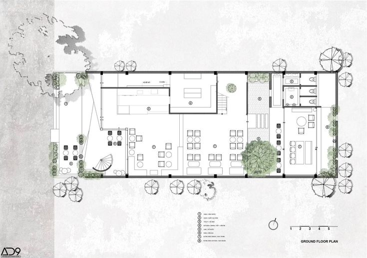 an architectural drawing of a building with several tables and chairs in the middle of it