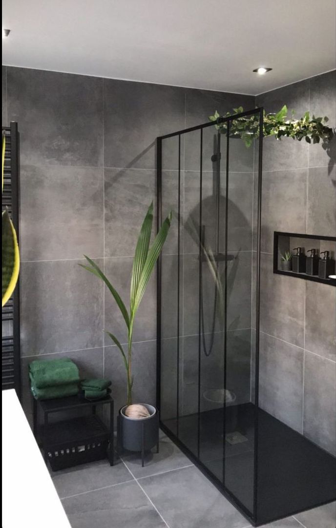 a bathroom with a walk in shower next to a green plant