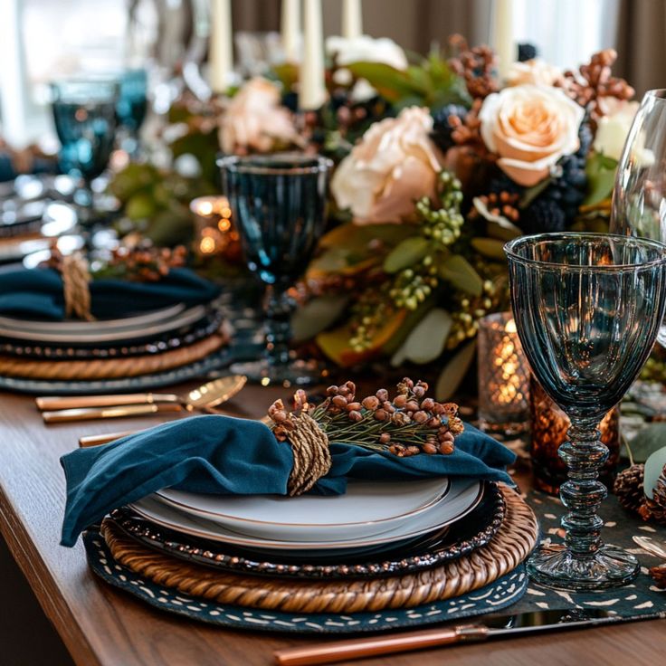 the table is set with blue and gold place settings