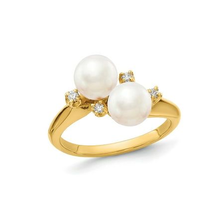 A simple and elegant design matched with a two twin freshwater cultured white pearl 6mm in a 14 karat yellow gold foundation. Pearl is the featured birthstone for the month of June. Beautiful accent diamonds complete the look with a little extra sparkle. 14K Yellow Gold 6mm Freshwater Cultured Pearl Ring with Accent Diamonds Size: 6.  Gender: female.  Age Group: adult. Cultured Pearl Ring, Pearl Birthstone, Month Of June, Diamond Accent Ring, Pearl Gemstone, Pearl Diamond, Senior Year, Diamond Sizes, Natural Pearls