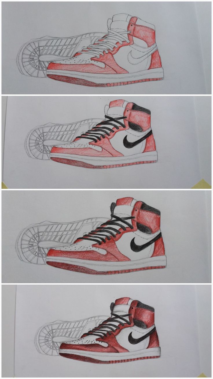 three different views of the air jordans in red, white and black ink on paper