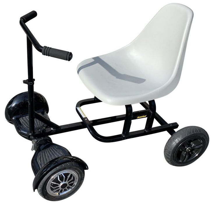 a white chair sitting on top of a black scooter