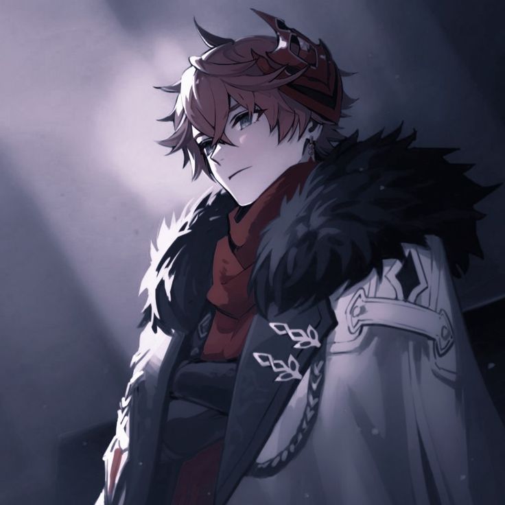 an anime character with red hair wearing a black coat and chain around his neck, standing in front of a dark background