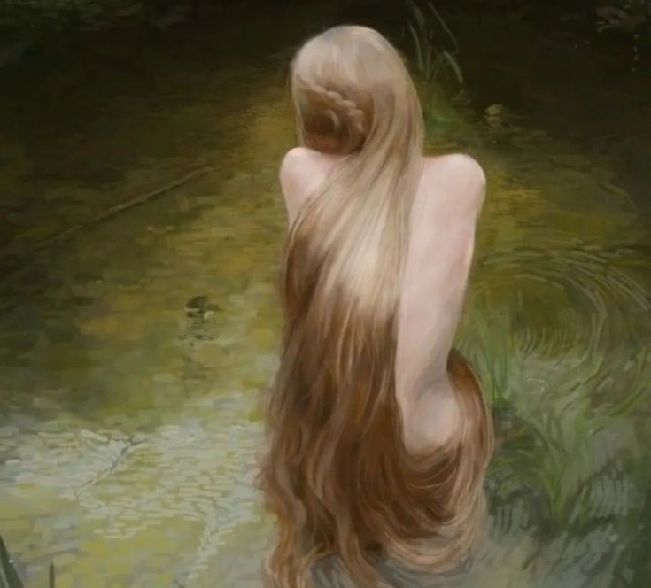 a painting of a woman with long blonde hair sitting in the water, looking back