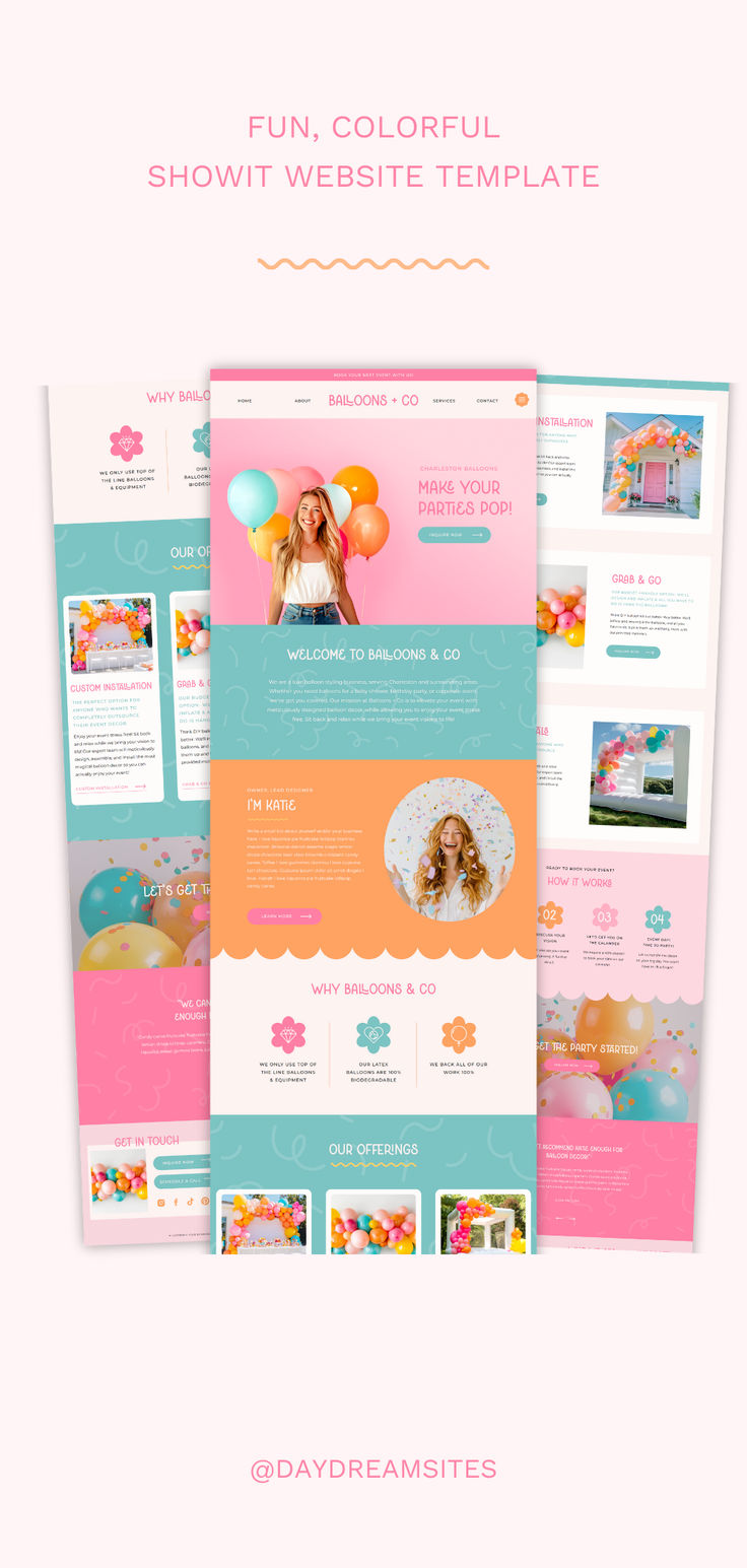 fun, colorful Showit website template Party Planner Website Design, Planner Website, Website Layouts, Colorful Website, Balloon Artist, Kids Web, Showit Website Template, Graphic Design Infographic, Balloon Installation