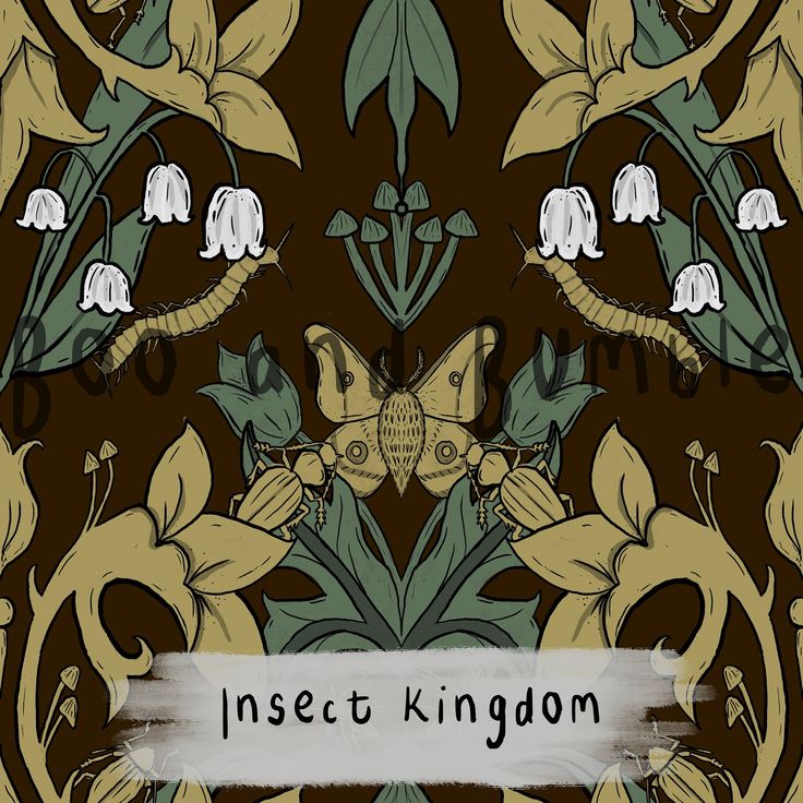 an insect and flower pattern with the words insect kingdom in white on a brown background