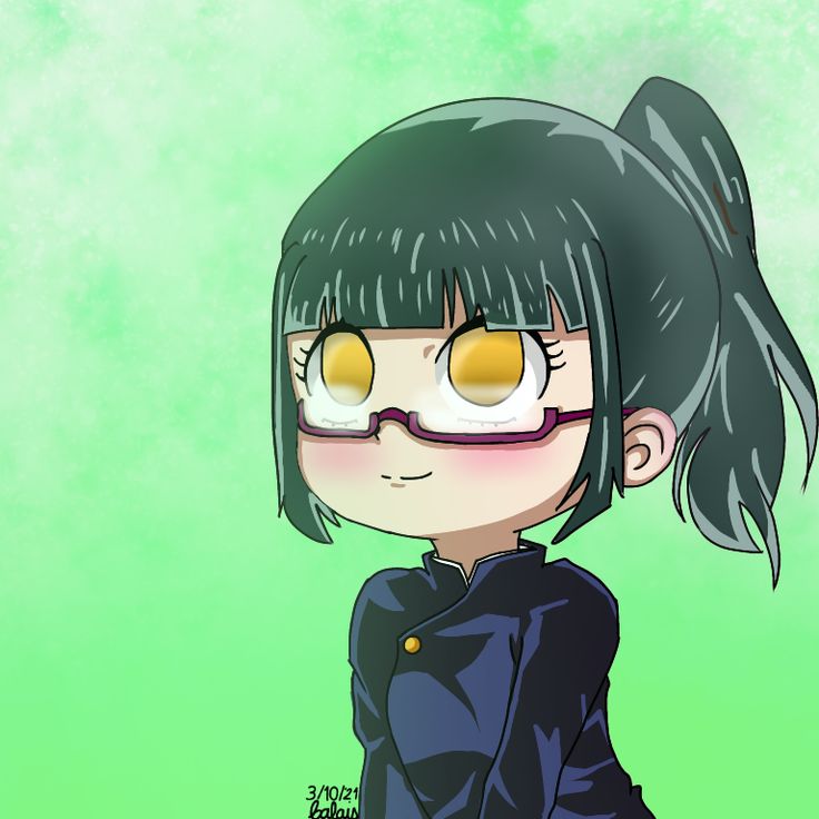 an anime character with glasses on her face and black hair, standing in front of a green background