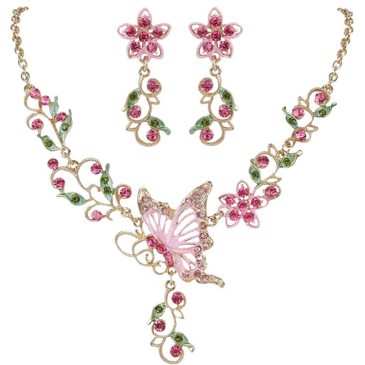 PRICES MAY VARY. Made of crafted environmental friendly Austrian Crystals, this jewelry shines with grace and beauty. And the metal surface is of high polished finish. Main Color: Pink; Necklace Length: 18.1in-20.9in, Pendant Size: 1.7in By 2.7in, Earring Size: 0.8in By 2.1in; Total Weight: 49g A ideal accessory to your outfit or as an appropriate gift, e.g.for your Lover, Girlfriend, Wife, Mother, Daughter, Sister, Fiancee, Couple, Valentine or Best Friend,etc; Suitable for daily wear, ball, pa Rhinestone Ear Cuff, Butterfly Necklace Gold, Crystal Butterfly, Butterfly Flower, Flower Leaf, Metal Surface, Butterfly Jewelry, Butterfly Flowers, Leaf Necklace