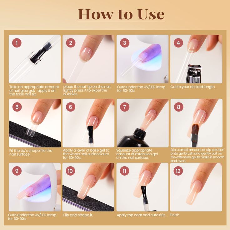 Full-Size Package: Mini Nail Lamp��30ml Slip Solution��1* Nail File��7.5ml Nail Glue Gel & Glossy Top Coat��2*30g Milky and Apricot Poly Nail Colors��Dual Poly Nail Brush & 100*C Curve Nail Tips  Remove Tips: If you want to change the nail art style and remove the nail extension gel, you can file the nail extension gel down and then buffer it. A nail drill machine will save your time and help to remove faster and cleaner.  Quick Building and Long Lasting: Poly Extension nail gel is an am Nail Glue Gel, Nail Art Diy Easy, Nails Accessories, Curved Nails, Nails Tutorial, Gel Nails At Home, Gel Nail Extensions, Nail Art Techniques, Acrylic Nail Kit