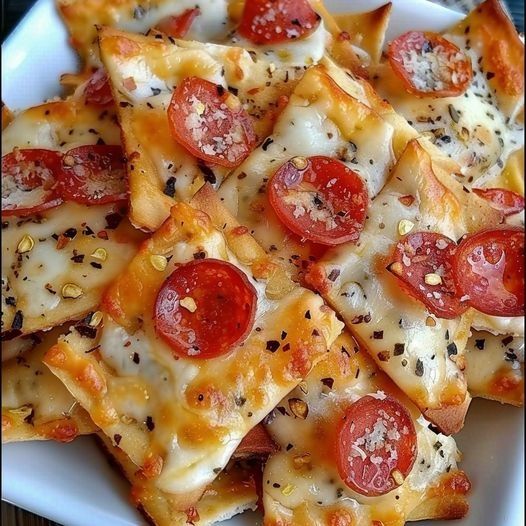 a white plate topped with slices of pizza covered in cheese and pepperoni toppings